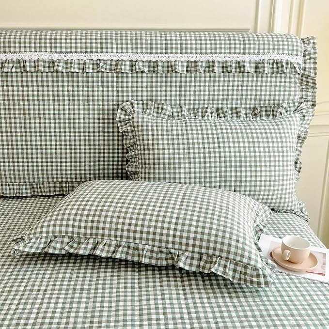 mixinni Vintage Green Gingham Ruffle Comforter Set 3-Piece Washed Cotton King Size Grid Bedding Set with Geometric Checkered Pattern, Farmhouse Chic Soft Fluffy Comforter for All-Season