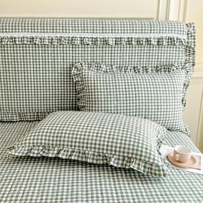 mixinni Vintage Green Gingham Ruffle Comforter Set 3-Piece Washed Cotton King Size Grid Bedding Set with Geometric Checkered Pattern, Farmhouse Chic Soft Fluffy Comforter for All-Season