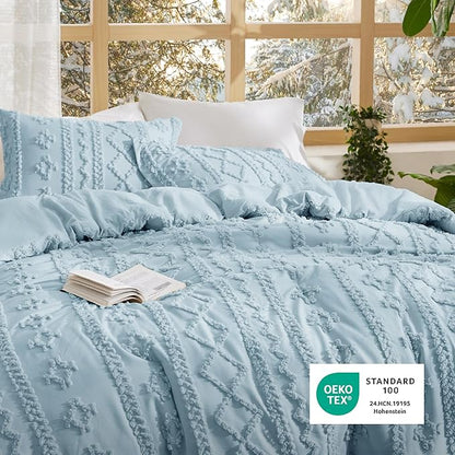 Bedsure Tufted Boho Comforter Set Queen Size - Light Blue Boho Bed Set, GentleSoft™ 3 Pieces Farmhouse Shabby Chic Embroidery Bedding, Gifts for Woman, Soft Jacquard Queen Comforter for All Seasons