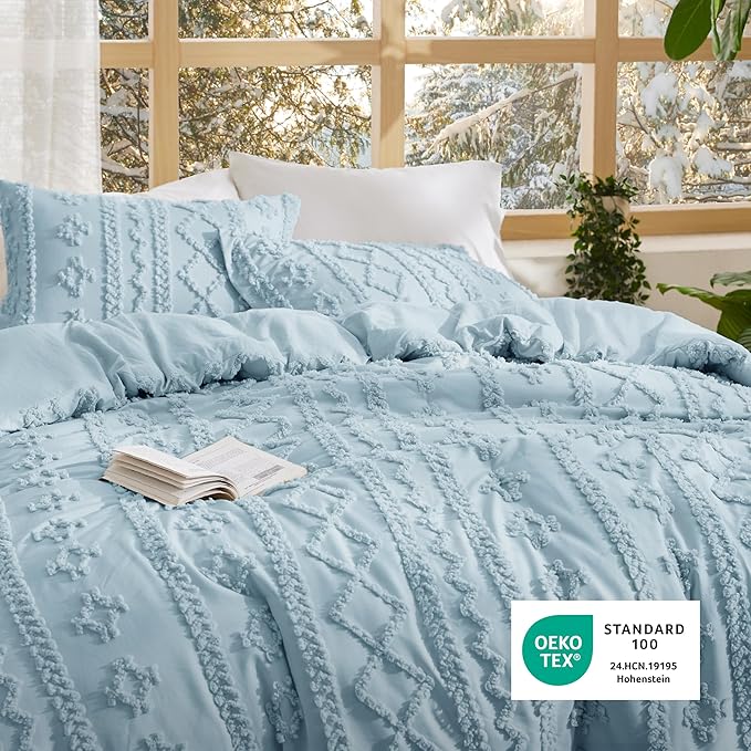 Bedsure Tufted Boho Comforter Set Twin Size - Light Blue Boho Bed Set, GentleSoft™ 2 Pieces Farmhouse Shabby Chic Embroidery Bedding, Gifts for Woman, Soft Jacquard Twin Comforter for All Seasons
