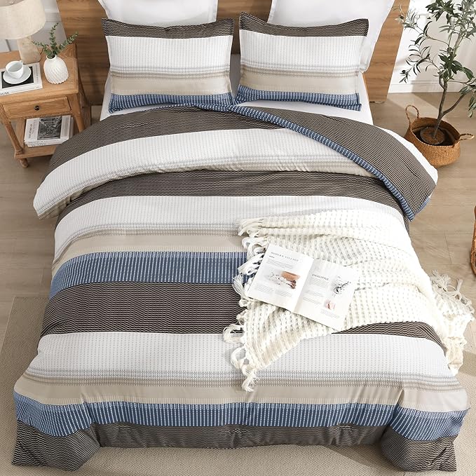 Litanika Queen Comforter Set Blue Brown - 3 Pieces Lightweight Fluffy Bedding Comforter Sets, All Season Down Alternative Comforter (1 Comforter, 2 Pillowcases)