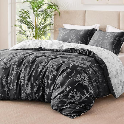 Love's cabin Black Full Size Comforter Set - Full Comforter Set, 3 Pieces Cute Floral Bedding Sets for All Seasons,1 Soft Reversible Botanical Flowers Comforter and 2 Pillow Shams