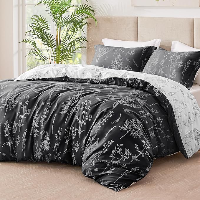 Love's cabin King Size Comforter Set Black - King Comforter Set, 3 Pieces Cute Floral Bedding Sets for All Seasons,1 Soft Reversible Botanical Flowers Comforter and 2 Pillow Shams