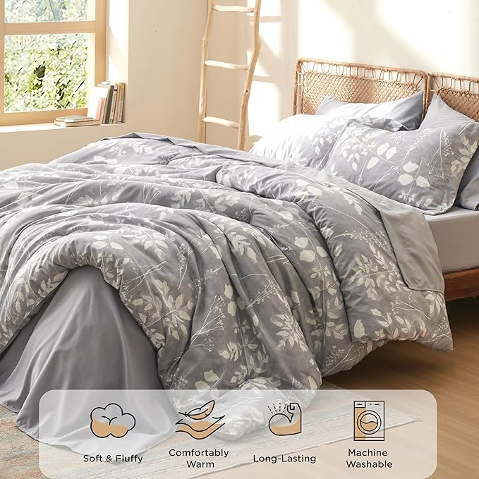 Bedsure King Size Comforter Set - 7 Pieces Floral Grey Soft Bedding Sets, King Bed in a Bag with Botanical Flowers Comforter, Sheets, Pillowcases & Shams