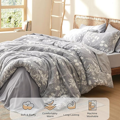 Bedsure Full Size Comforter Set - 7 Pieces Floral Grey Soft Bedding Sets, Full Bed in a Bag with Botanical Flowers Comforter, Sheets, Pillowcases & Shams