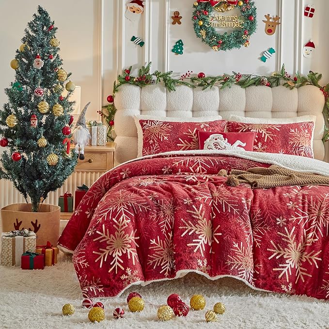 Christmas Sherpa Comforter Set Twin Size 3 Pieces Holiday Red Winter Bedding Microfiber Warm Fleece Comforter with 2 Pillow Shams - Thanksgiving New Year Gift Choice with Gradient Golden Snowflake