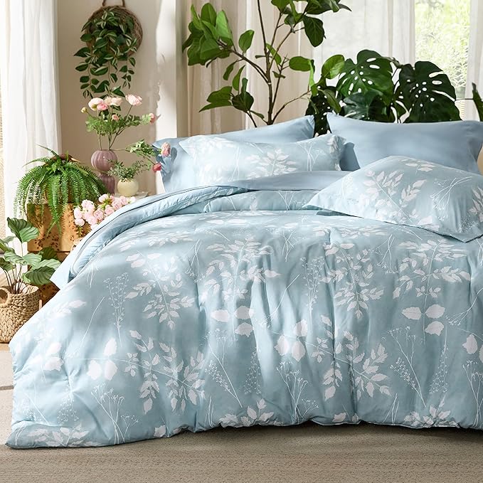 Bedsure Sky Blue Queen Comforter Set - 7 Pieces Floral Bedding Sets, Queen Bed in a Bag with Reversible Botanical Flowers Comforter, Sheets, Pillowcases & Shams