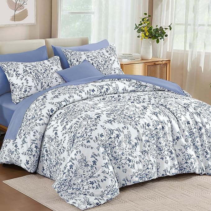 WONGS BEDDING Blue Floral Comforter Set King Size, 8 Pieces Flower Botanical Bed in a Bag Bedding Set, Soft Microfiber Comforter, Sheets, Pillowcases & Shams (90"x104")