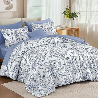 WONGS BEDDING Blue Floral Comforter Set King Size, 8 Pieces Flower Botanical Bed in a Bag Bedding Set, Soft Microfiber Comforter, Sheets, Pillowcases & Shams (90"x104")