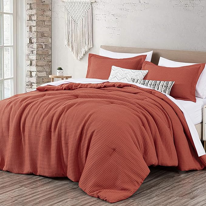 Chezmoi Collection Wilmer 3-Piece Oversized King Comforter Set, Terracotta, Soft and Cozy Lightweight Waffle Weave Comforter Bedding for All Season
