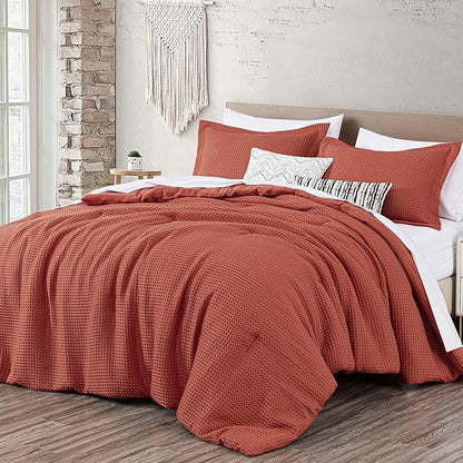 Chezmoi Collection Wilmer 3-Piece Oversized King Comforter Set, Terracotta, Soft and Cozy Lightweight Waffle Weave Comforter Bedding for All Season
