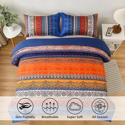 Goodidea Boho Comforter Queen Size, 3 Piece Blue Orange Bohemian Striped Western Comforter Set, Ultra Soft Lightweight Microfiber Boho Hippie Bedding Set with 2 Pillow Shams for All Seasons