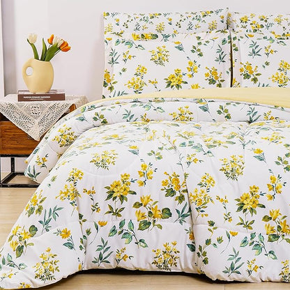 Floral King Comforter Set with Sheets, 7 Piece Luxury Vintage Bedding, Soft Microfiber Bed in a Bag, Cozy Lightweight Bed Set, Yellow Flower Green Leaves