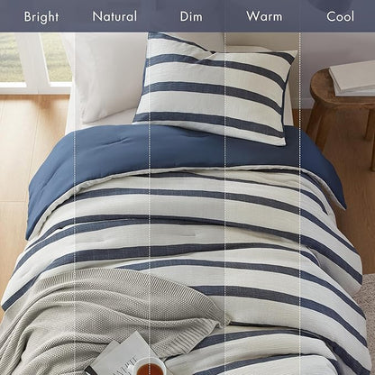 Madison Park Essentials Striped Comforter Set Twin Size, Yarn-Dyed Reversible Comforter with Minimalist Stripes, Crinkled Texture Bedding Set for All-Season Lightweight Warmth, Merritt Blue