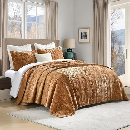 Homzard Velvet Quilt Set Queen Size Bedding Set, Golden Brown Comforter Queen Size, Soft Bedspreads, Plush Light Weight Bedding for All Season
