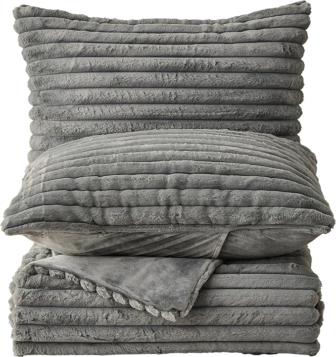 Simple&Opulence Fluffy Faux Fur Comforter Set, Plush Fuzzy Minky Bedding Set, 3 Pieces Warm Soft Comforter Bedding Set for Winter - 1 Shaggy Comforter with 2 Pillow Shams(Queen, Striped - Dark Grey)