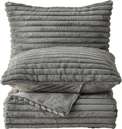 Simple&Opulence Fluffy Faux Fur Comforter Set, Plush Fuzzy Minky Bedding Set, 3 Pieces Warm Soft Comforter Bedding Set for Winter - 1 Shaggy Comforter with 2 Pillow Shams(Queen, Striped - Dark Grey)