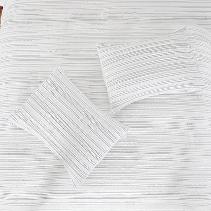 Modern Threads Dixie White Jacquard Comforter Set – 5 Piece Textured Bedding with Decorative Pillows & Shams, Soft All Season Farmhouse Bed Set, Bright White with Graphite Stripes, Queen