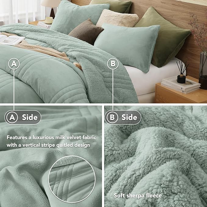 Monbix Fluffy Queen Comforter Set Sage Green, Sherpa Plush Fuzzy Comforter 3 Piece for Queen Size Bed, Luxury Soft Winter Warm Bedding Set