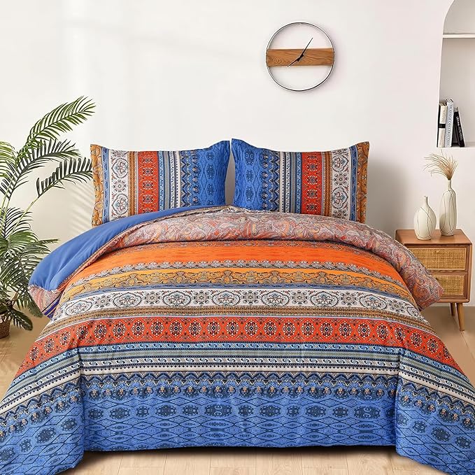 Goodidea Boho Comforter Queen Size, 3 Piece Blue Orange Bohemian Striped Western Comforter Set, Ultra Soft Lightweight Microfiber Boho Hippie Bedding Set with 2 Pillow Shams for All Seasons