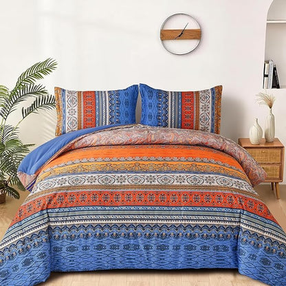 Goodidea Boho Comforter Queen Size, 3 Piece Blue Orange Bohemian Striped Western Comforter Set, Ultra Soft Lightweight Microfiber Boho Hippie Bedding Set with 2 Pillow Shams for All Seasons