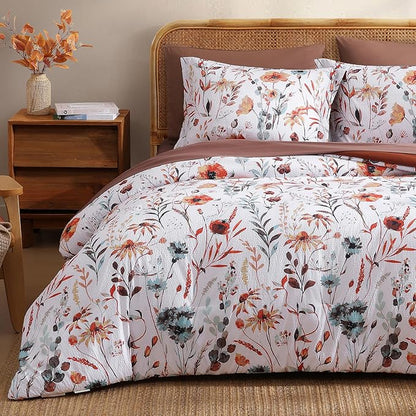 CASAAGUSTO Full Comforter Set, 7 PCS White Floral Comforter Set with Flowers Leaves Pattern, Soft Seersucker Design All Season Full Size Bedding Set(80"X90")