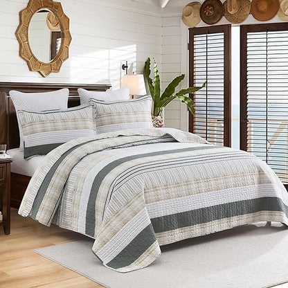 Homzard Quilt King Size - Cotton King Size Comforter,Beige Grey Plaid Bedding Set,Striped Bedspread Set(106 * 98 Inches),3 Piece
