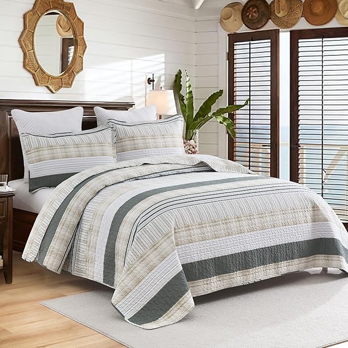 Homzard Twin Quilt, Cotton Comforter Set, Cream Grey Quilt Bedding,Reversible Lightweight Twin Bedspread,2 Pieces