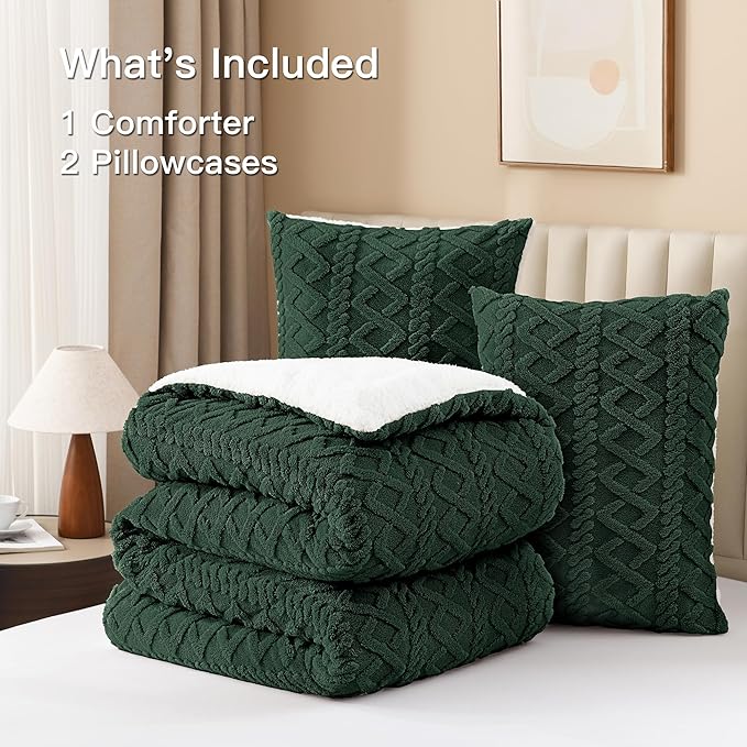 Andency Fluffy Sherpa Full Comforter Set Dark Green, Super Soft Emerald Green Fleece Warm Bedding for Winter, Luxury Jacquard Boho Thick Fuzzy Plush Bed Set 3 Pieces(1 Shaggy Comforter, 2 Pillowcases)