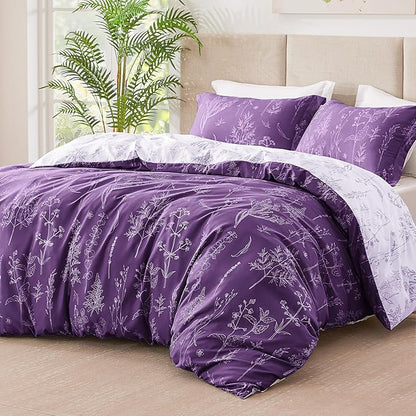 Love's cabin Dark Purple Comforter Set King - King Size Comforter Set, 3 Pieces Cute Floral Bedding Sets for All Seasons,1 Soft Reversible Botanical Flowers Comforter and 2 Pillow Shams