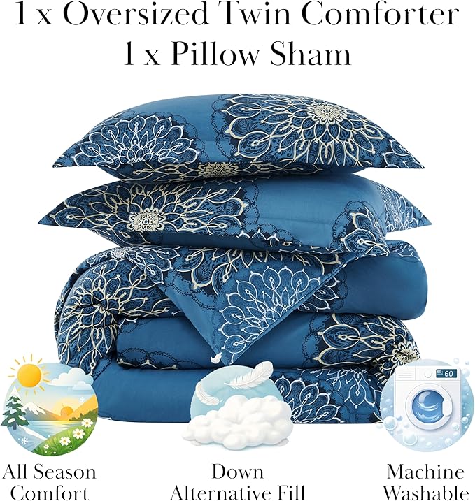 Southshore Fine Living, Inc. Oversized Boho Comforter Twin Bedding Sets, Down Alternative Bedspread, Paisley Floral Comforter, Twin XL Bedding with Matching Pillow Sham, Midnight Floral Blue