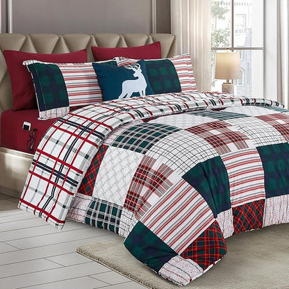 Elegant Comfort 8-Piece Cabin Lodge Patch Reversible Comforter Set - All Season Bed in a Bag, 4-Piece Sheet Set Featuring Smart Pockets, Matching Shams and Decorative Pillow, Twin/Twin XL, Burgundy