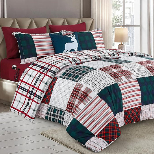 Elegant Comfort 8-Piece Cabin Lodge Patch Reversible Comforter Set - All Season Bed in a Bag, 4-Piece Sheet Set Featuring Smart Pockets, Matching Shams and Decorative Pillow, Twin/Twin XL, Burgundy