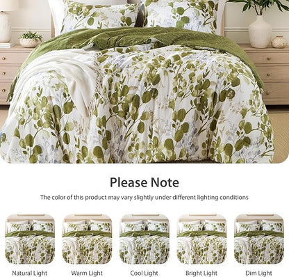Lightweight Seersucker Botanical King Size Comforter Set, 3 Pieces Reversible Design Bed Comforter, Premium Microfiber Bedding Set, Comforter and Shams Set, Olive Green