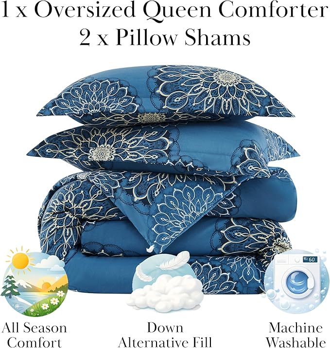 Southshore Fine Living, Inc. Oversized Full/Queen Sized Comforter Bedding Set, Down Alternative Boho Bedspread, Paisley Floral Comforter, Full Size/Queen with 2 Matching Shams, Midnight Floral Blue