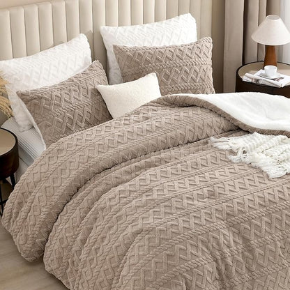 Andency Fluffy Sherpa Full Comforter Set, Super Soft Khaki Fleece Warm Bedding for Winter, Luxury Jacquard Boho Thick Fuzzy Plush Bed Set 3 Pieces(1 Shaggy Comforter, 2 Pillowcases)
