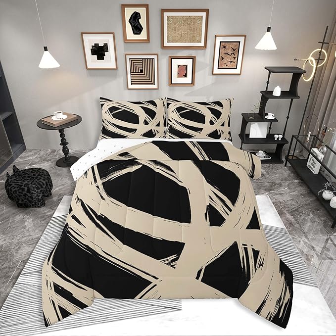 Beige and Black Abstarct Comforter Set Twin Size for Kids Boys Girs,Graffiti Stripes Lines Bedding Set,Aesthetic Geometric Duvet Insert for Minimalists,Contemporary Boho Modern Art Quilt
