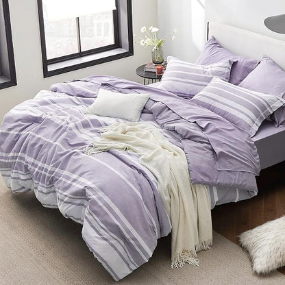 Bedsure Queen Comforter Set 7 Pieces, Purple Striped Bedding Set for All Seasons, Reversible, Cationic Dyeing Bed in a Bag with Comforter, Sheets, Pillowcases & Shams