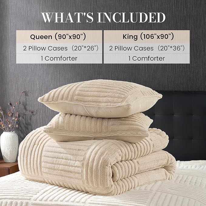 Amélie Home Queen Comforter Set with Stripe Jacquard Design in Khaki, Super Warm Fluffy Plush Bedding Set for Winter, 3 Pieces Including 1 Soft Comforter and 2 Pillowcases
