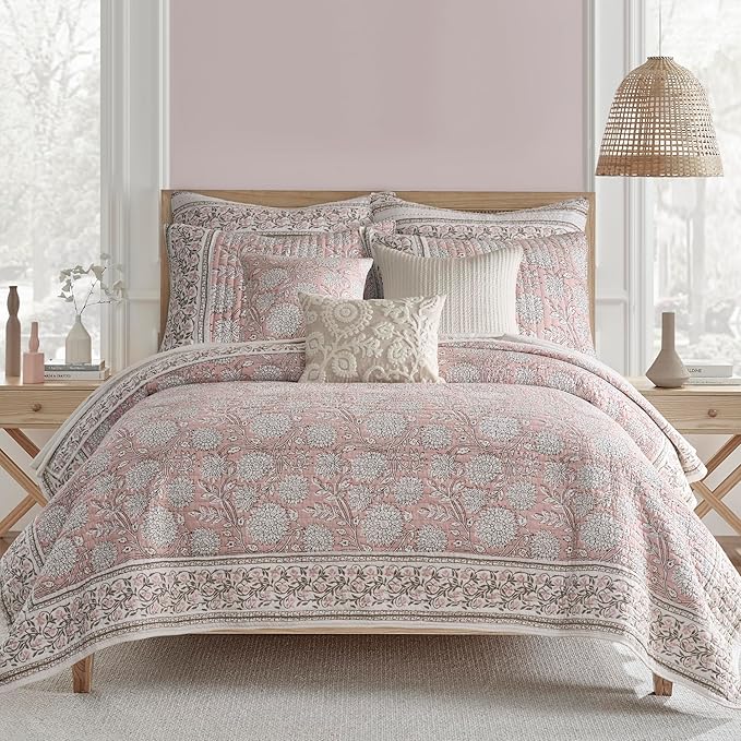 Levtex Home – Adare Blush Decorative Pillow – 18x18in – Feather Filled Throw Pillow – Floral Pattern – Blush and White – Zipper Closure
