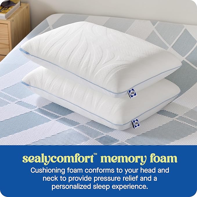 Sealy Dreamlife King Size Memory Foam Cooling Pillow with Surface Guard Technology, Removable Machine-Washable Cover, 1 Year Limited Warranty, White