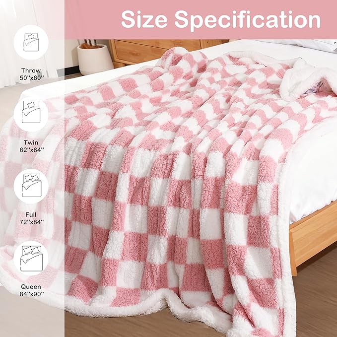 Electric Heated Blanket Full Size 72"×84" with 9 Heating Levels & 1-10Hs Auto Off, Checkered Plaid Double Sided Sherpa, Energy Efficient, Machine Washable, for Couch & Bed, Light Pink