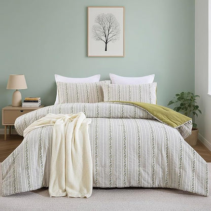 100% Cotton Jacquard Comforter Set, Striped Floral Print, Soft Lightweight Reversible 3 Piece Bedding Sets for All Season, King(104"x90")