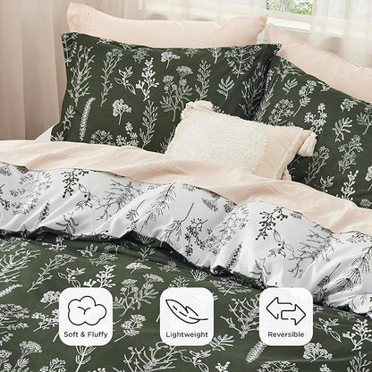 Bedsure Queen Comforter Set - Dark Olive Green Bed Set, 3 Pieces Cute Floral Bedding, 1 Soft Reversible Botanical Flowers Comforter and 2 Pillow Shams