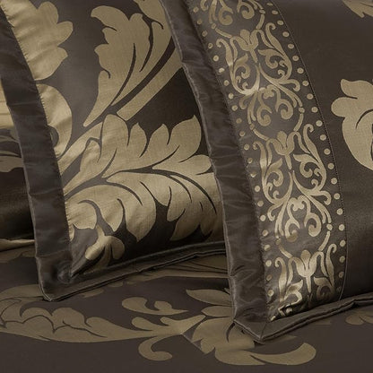 Chezmoi Collection Royale 7-Piece Jacquard Floral Comforter Set, Oversized King, Coffee/Gold
