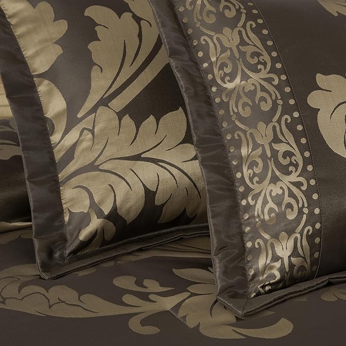 Chezmoi Collection 7-Piece Jacquard Floral Comforter Set (California King, Coffee/Gold)