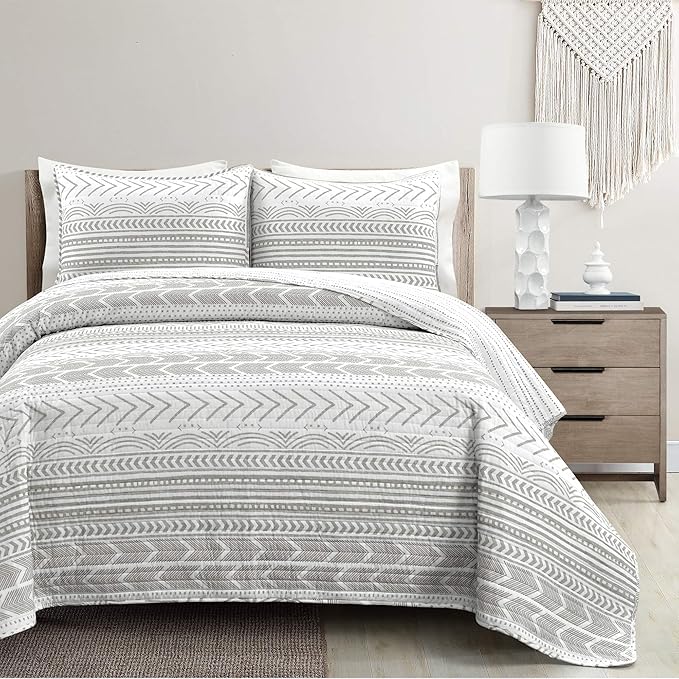 Lush Decor Hygge Geo Pattern Striped 3 Piece Quilt Bedding Set, King, Gray & White