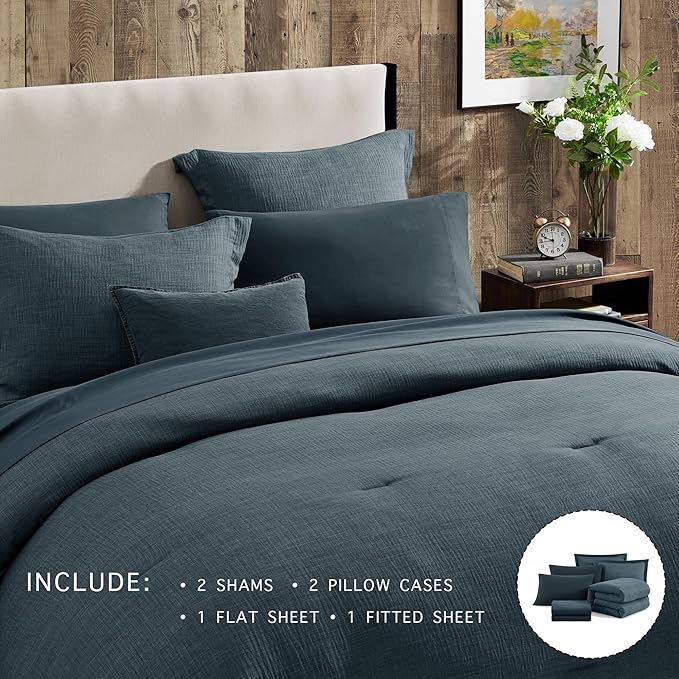 Geniospin King Size Comforter Set- 7 Piece Navy Blue Textured King Bedding Set, Soft Solid Bed in a Bag for All Season, King Comforter Set with Sheets(Navy Blue,102''x90'')