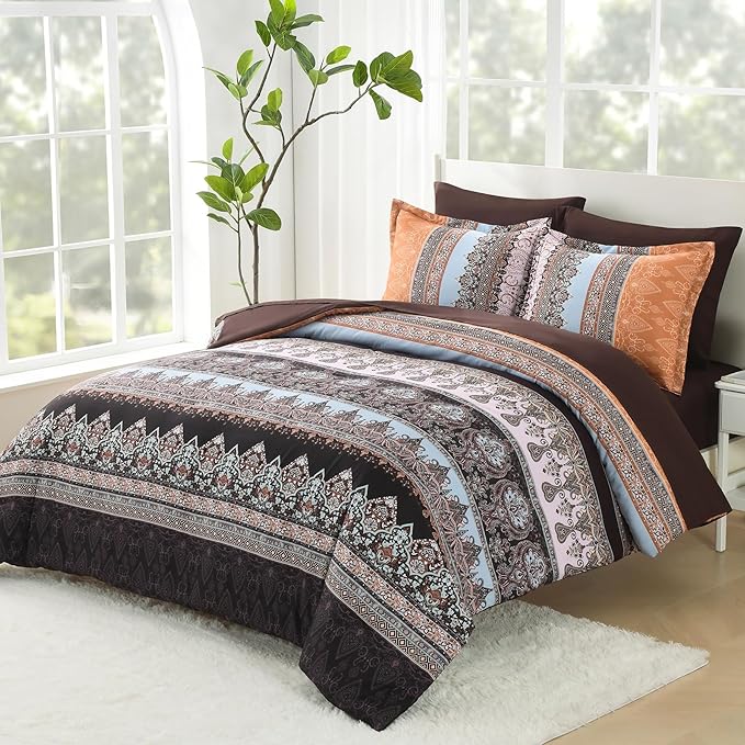 Boho Comforter Set Queen - 7 Pieces Bed in a Bag, Bohemian Striped Comforter Set with Sheets, Soft Microfiber Brown Floral Bedding Set for All Season (Brown, Queen)