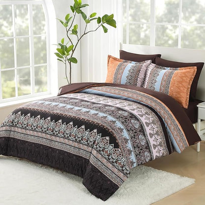 Boho Comforter Set Queen - 7 Pieces Bed in a Bag, Bohemian Striped Comforter Set with Sheets, Soft Microfiber Brown Floral Bedding Set for All Season (Brown, Queen)